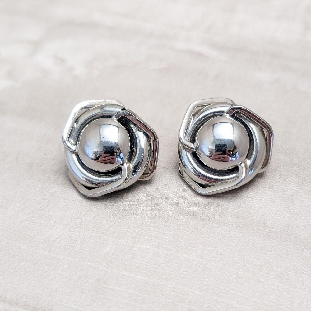 Vintage Clip On Earrings Modern MCM Design Large Statement Silver Tone